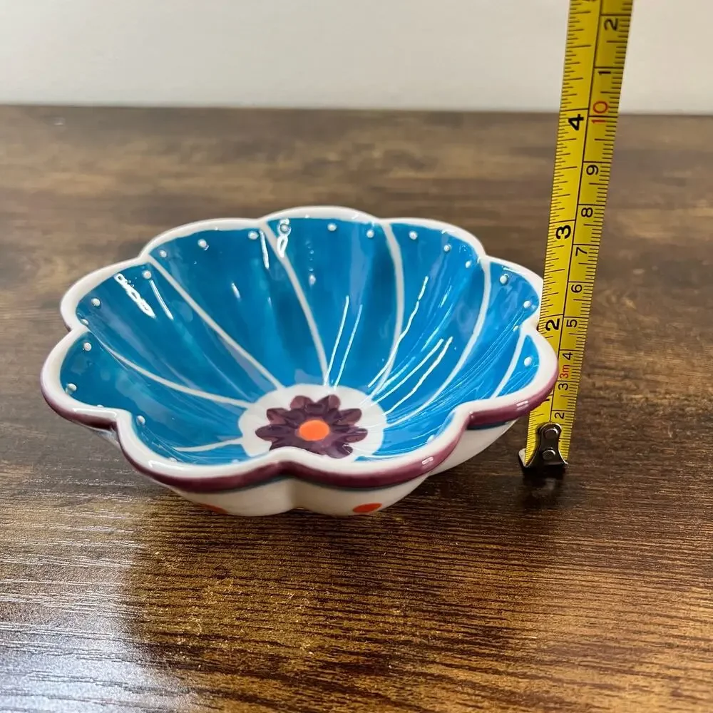 Anthropologie 1 CUP Measuring Cup Bowl Flower Ceramic Blue Kitchenware Boho New
